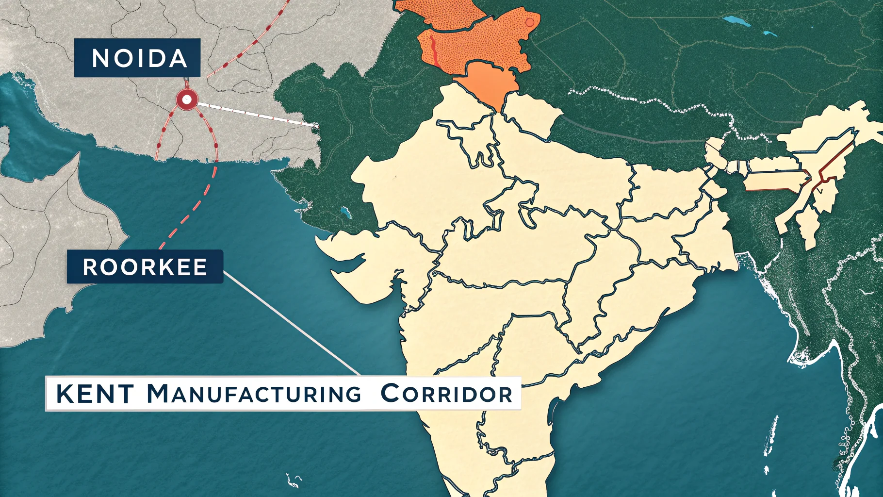 Map of India highlighting the Noida and Roorkee industrial corridor