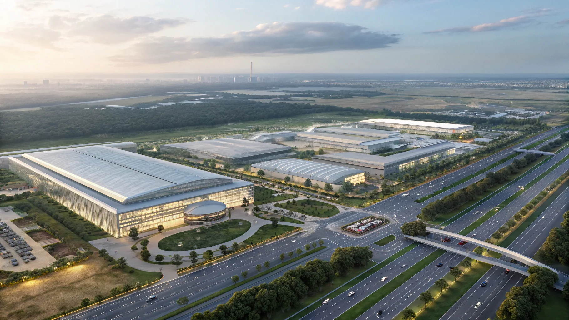 Architectural rendering of a futuristic, large-scale industrial park