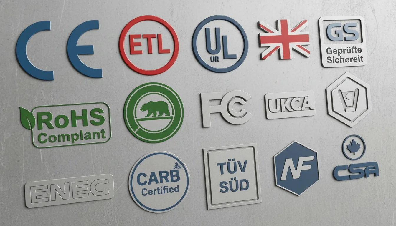 Key US and EU safety standards logos A collage of different safety certification logos like CE, ETL, UL, RoHS, and CARB.