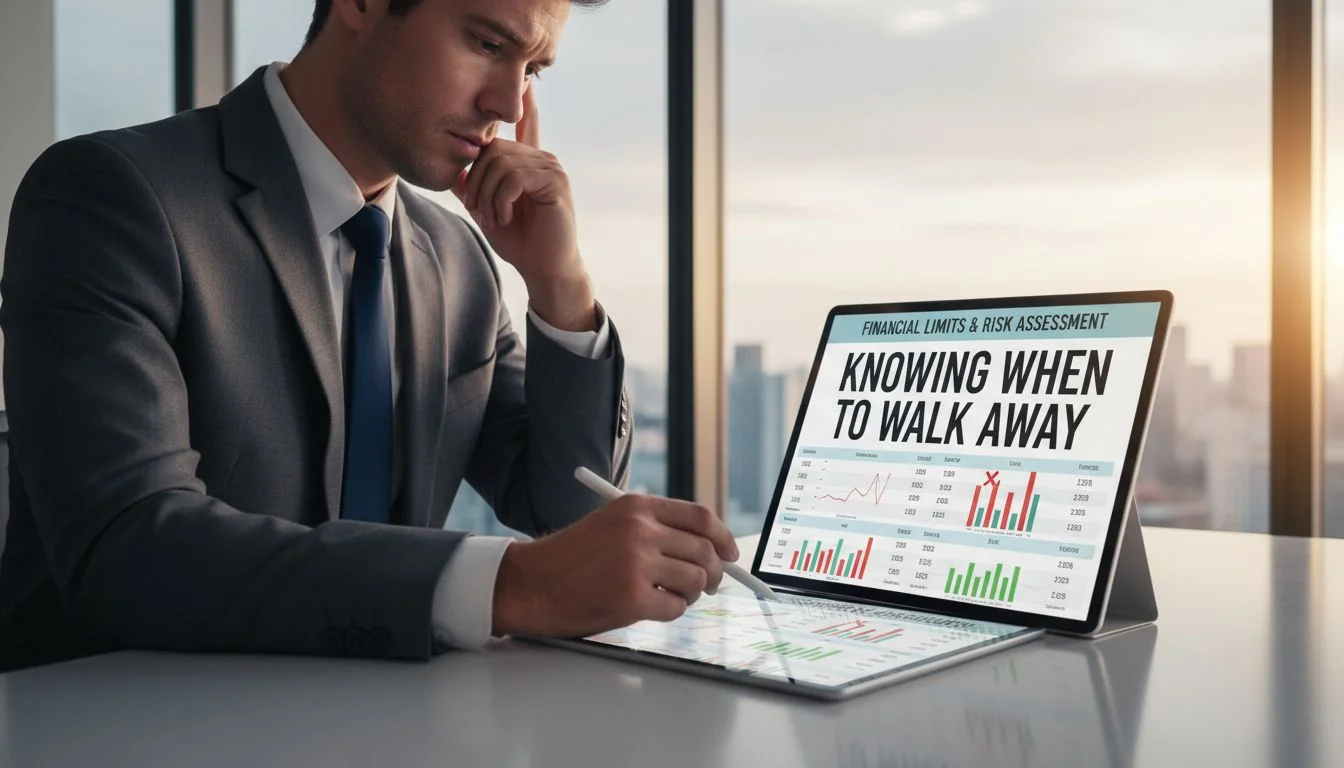 A business person looking thoughtfully at a spreadsheet of financial limits