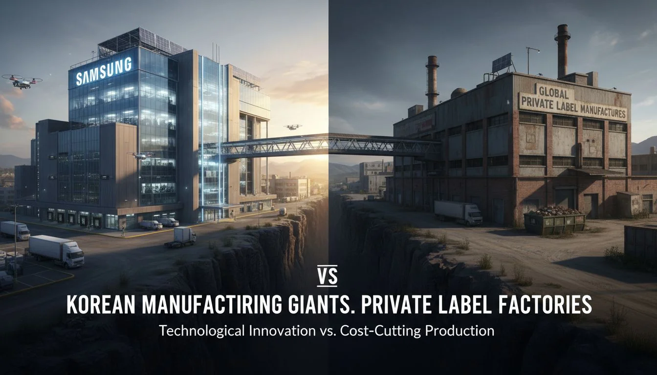 An image showing a massive, high-tech factory building with a famous Korean brand logo, contrasted with a smaller, more generic factory building.