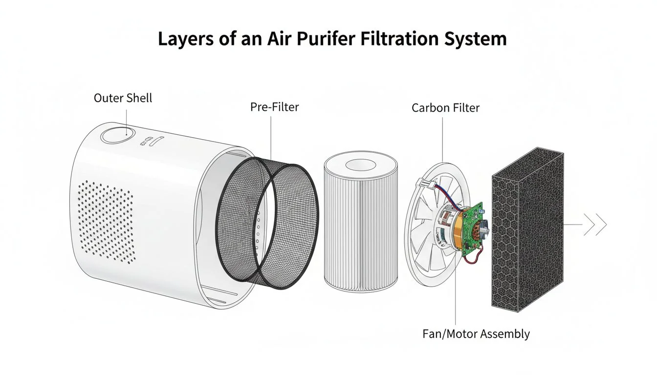 An exploded view image showing the different layers of an air purifier: outer shell, pre-filter, HEPA filter, carbon filter, and the fan/motor at the core.
