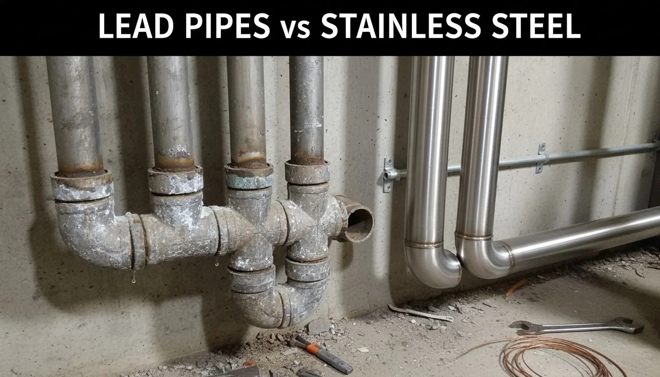 Lead Pipes vs Stainless Steel old lead pipes next to modern stainless steel pipes