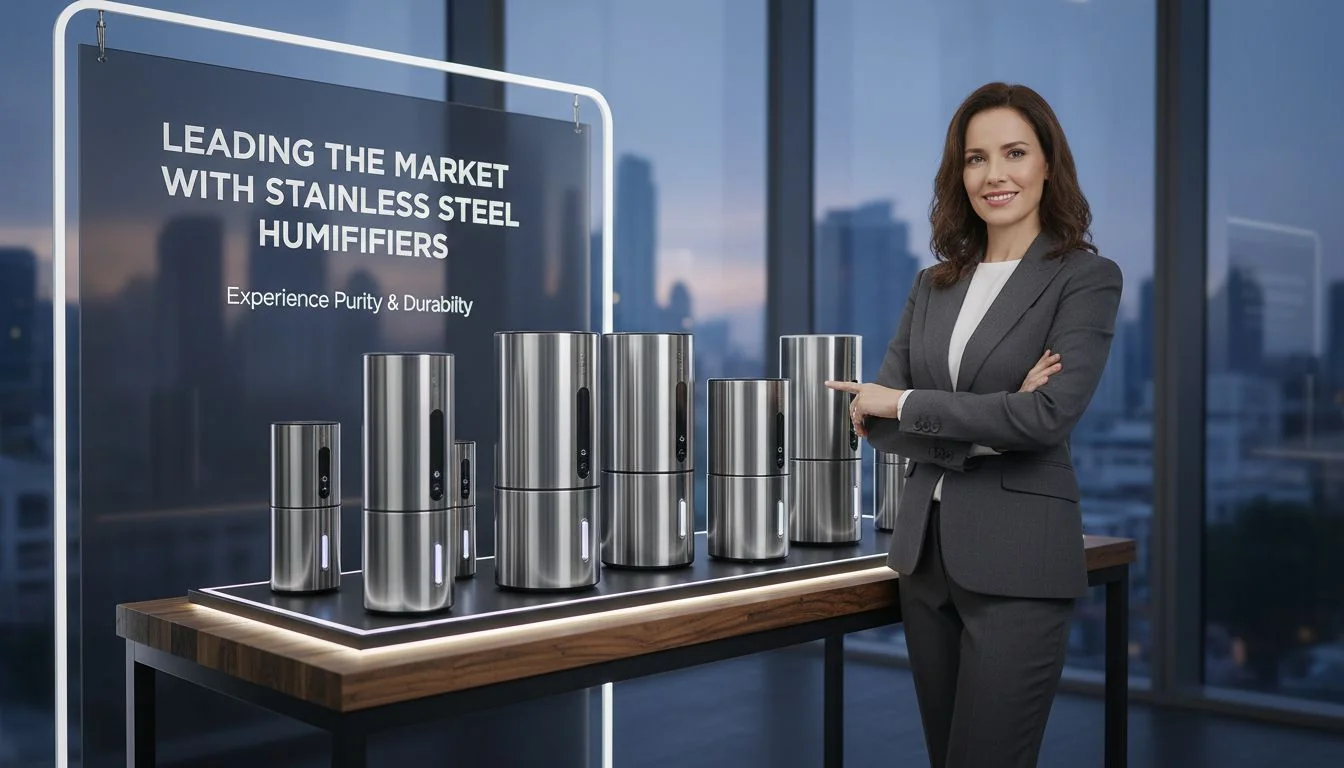 Leading the Market with Stainless Steel Humidifiers A confident brand owner standing next to a display of premium stainless steel humidifiers.