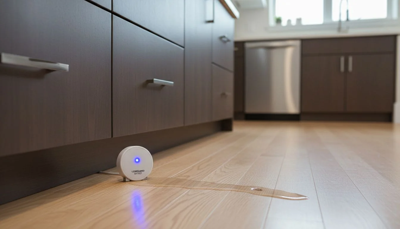 water leak sensor on floor near kitchen cabinet