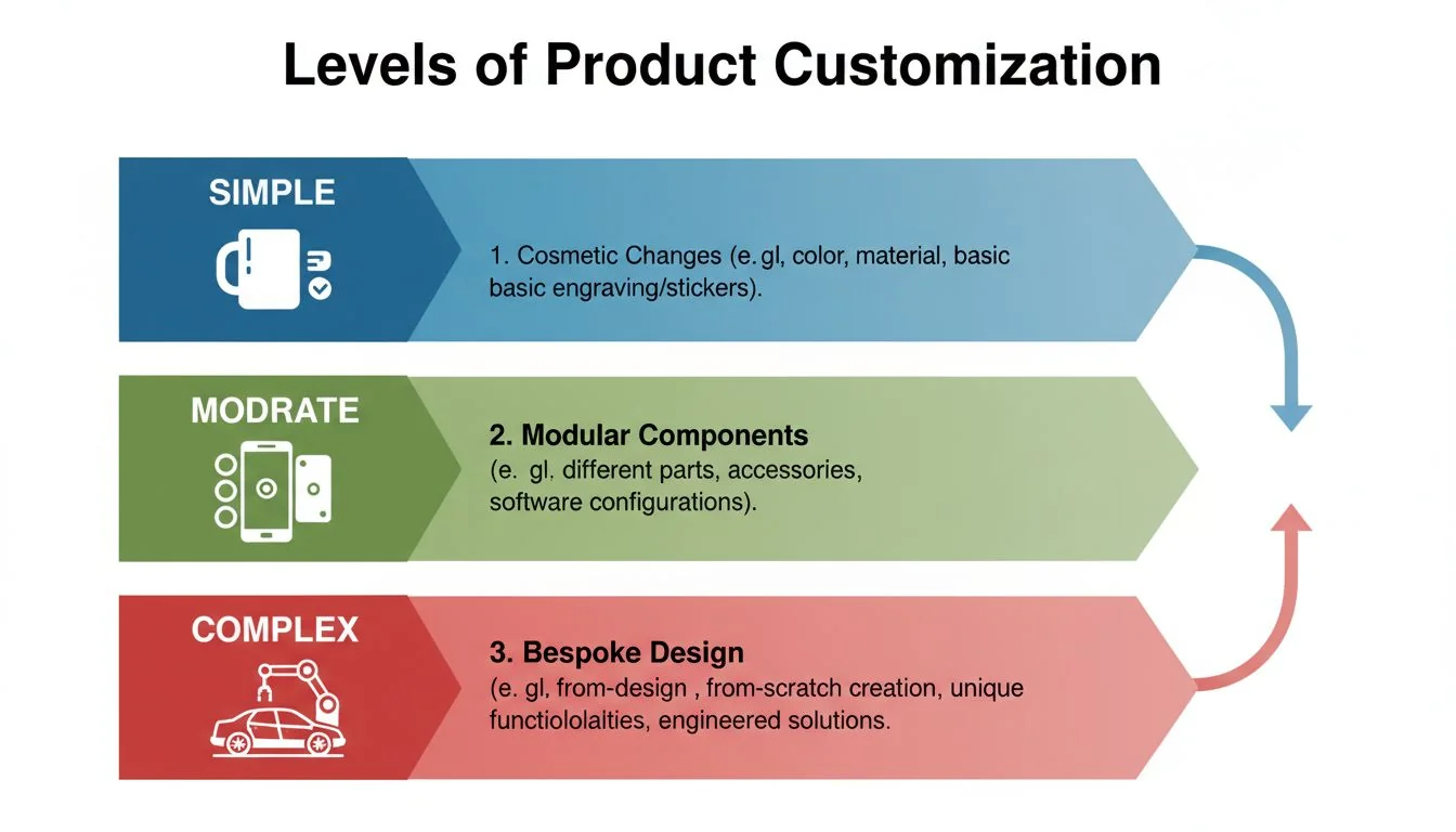 An infographic showing the three levels of product customization from simple to complex
