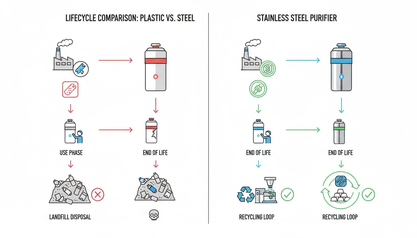 Lifecycle Comparison: Plastic vs. Steel An infographic showing the lifecycle of a plastic purifier vs. a stainless steel one, ending with a landfill vs. a recycling loop.