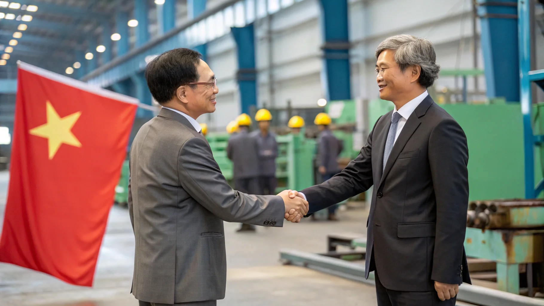 A handshake between a Vietnamese and a foreign business person in a factory setting