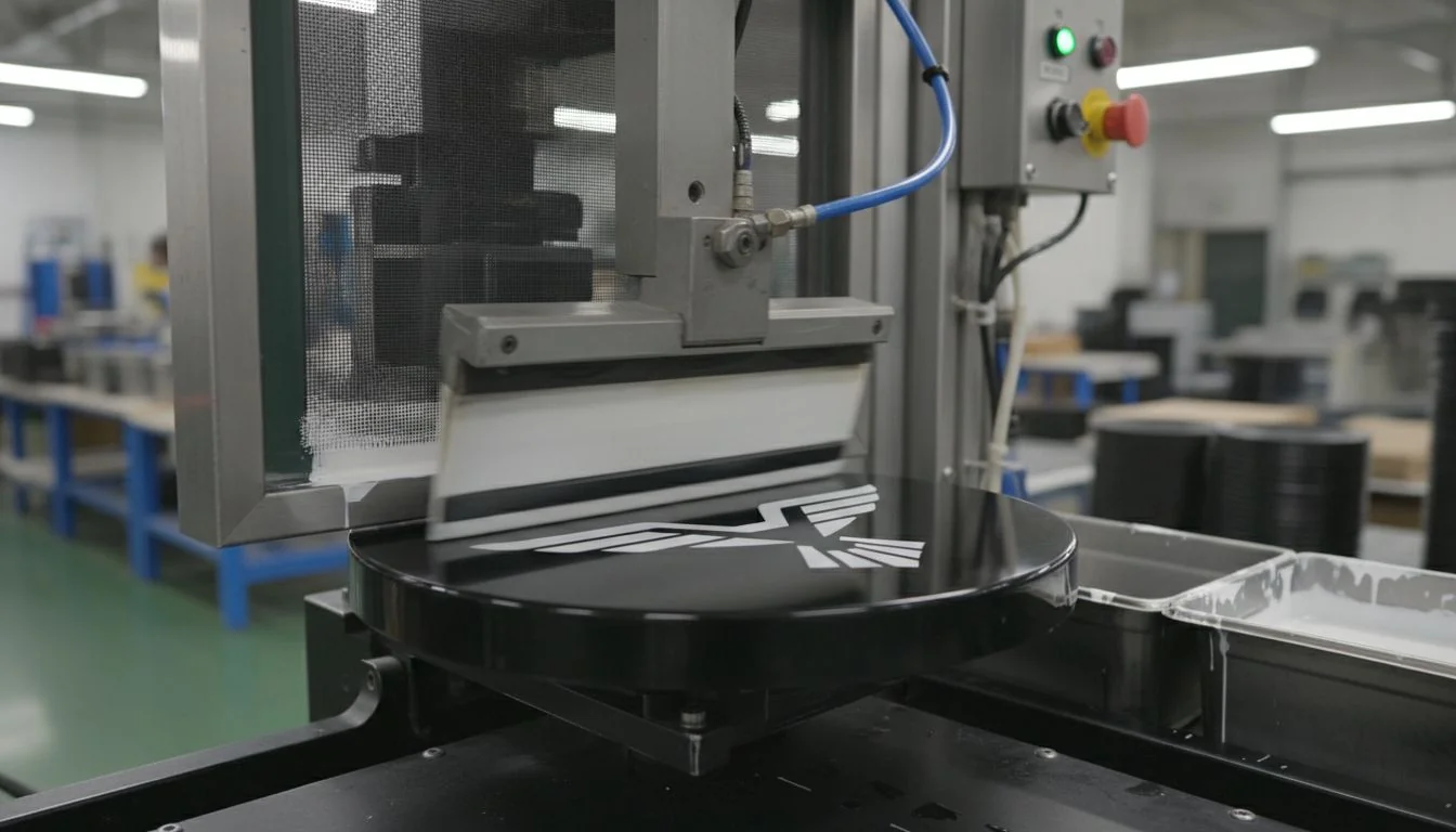 A close-up shot of a machine silk-screening a logo onto a plastic product.