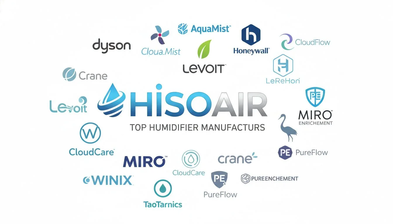 A collage of logos from different humidifier manufacturers, with Hisoair's logo prominent