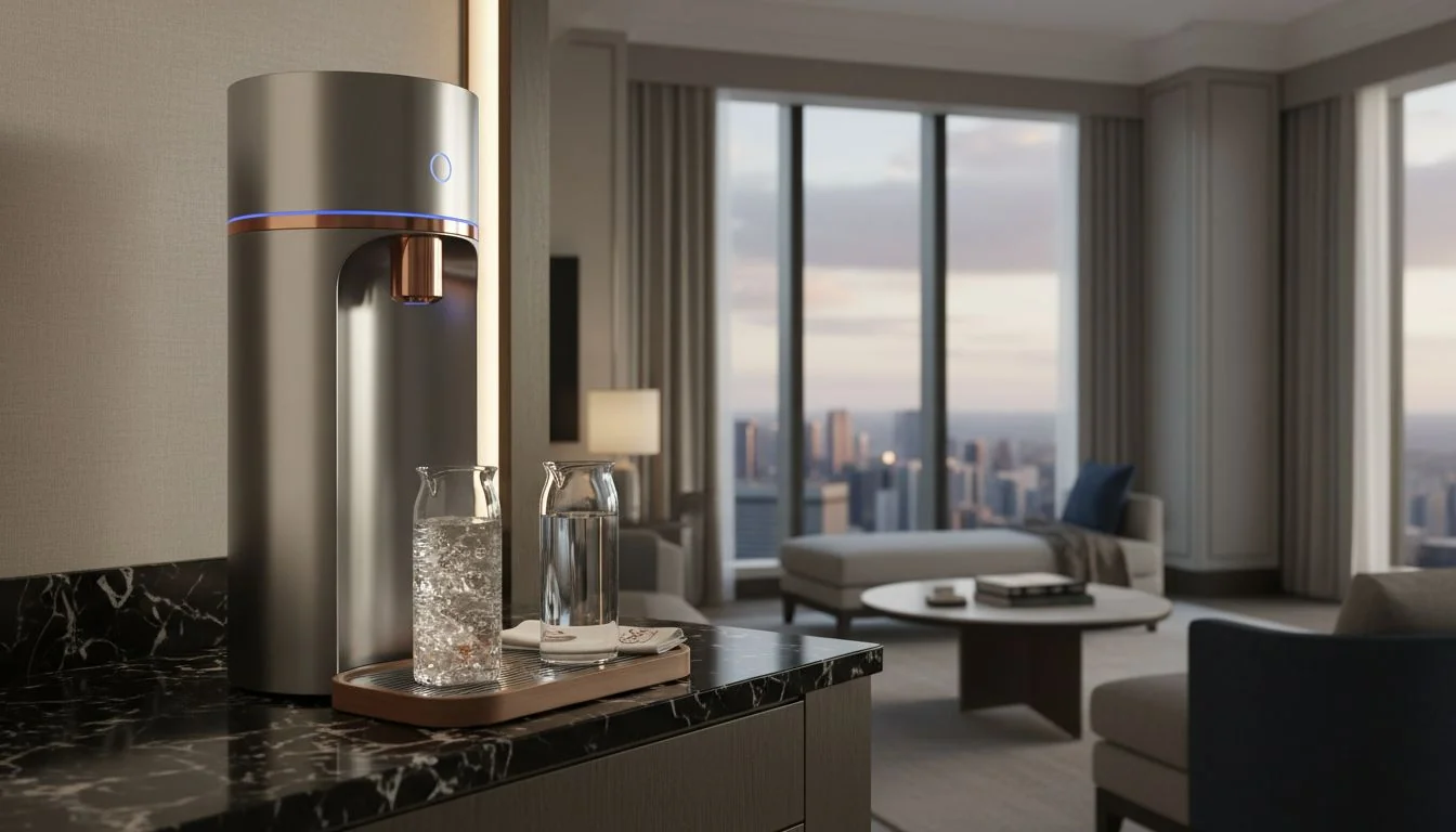 minimalist metal water dispenser in a hotel suite