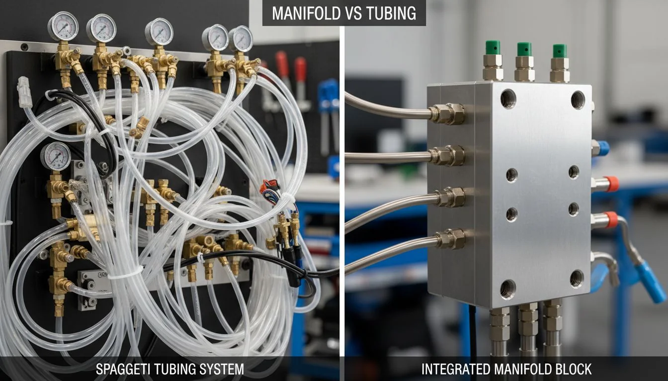 comparison image of spaghetti tubing vs integrated manifold block