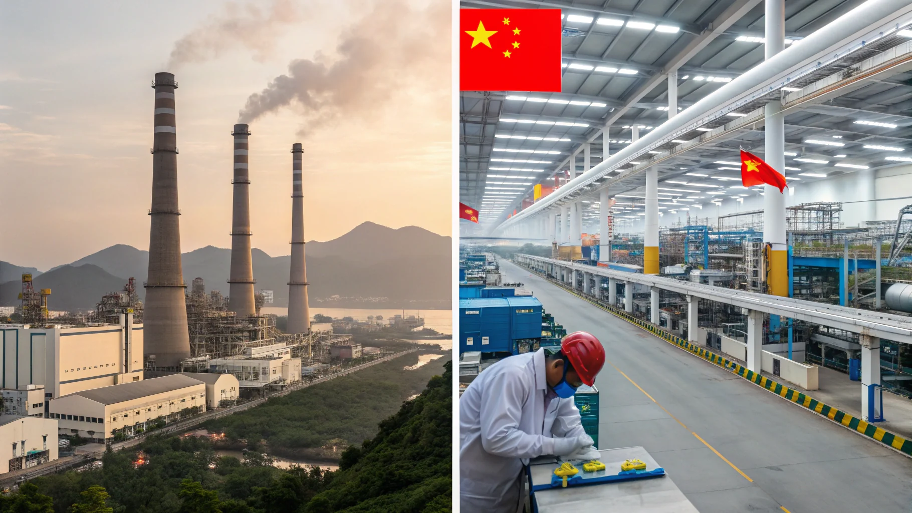 A split image showing a factory in China on one side and a factory in Vietnam on the other.
