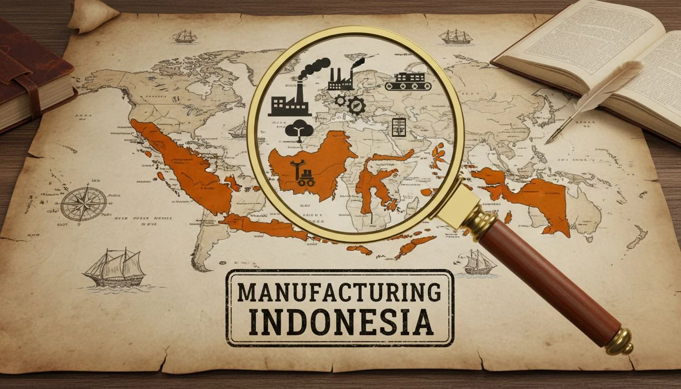 Map of Southeast Asia with a magnifying glass over Indonesia.