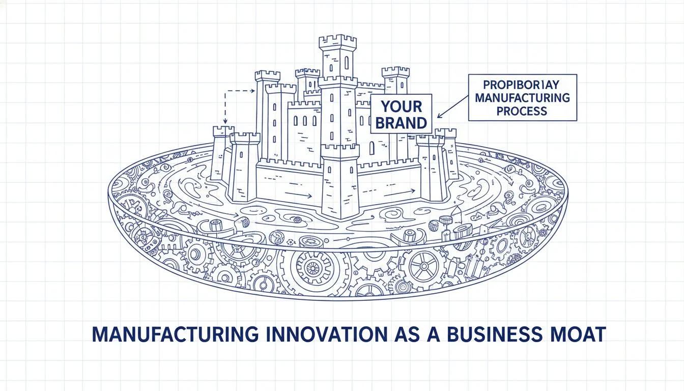 Manufacturing Innovation as a Business Moat A diagram of a castle with a wide moat, with the castle labeled "Your Brand" and the moat labeled "Proprietary Manufacturing Process".