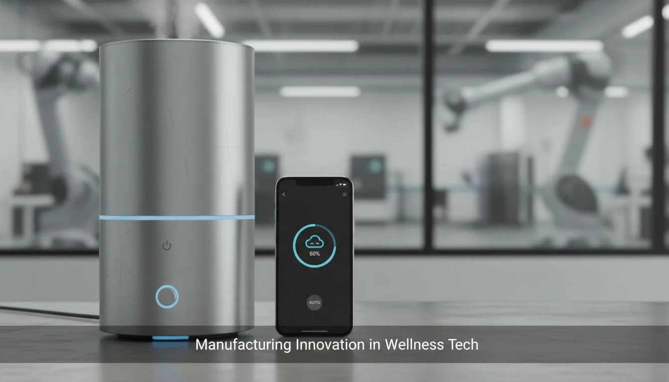 Manufacturing Innovation in Wellness Tech A sleek, stainless steel humidifier next to a smartphone showing a simple interface, symbolizing the fusion of hard and soft tech.