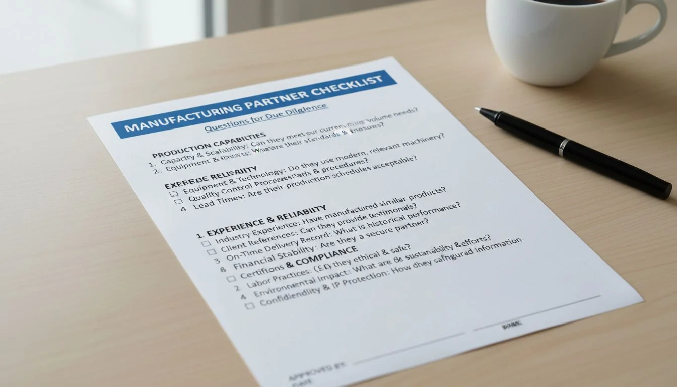 Manufacturing Partner Checklist A checklist with questions for a manufacturing partner.