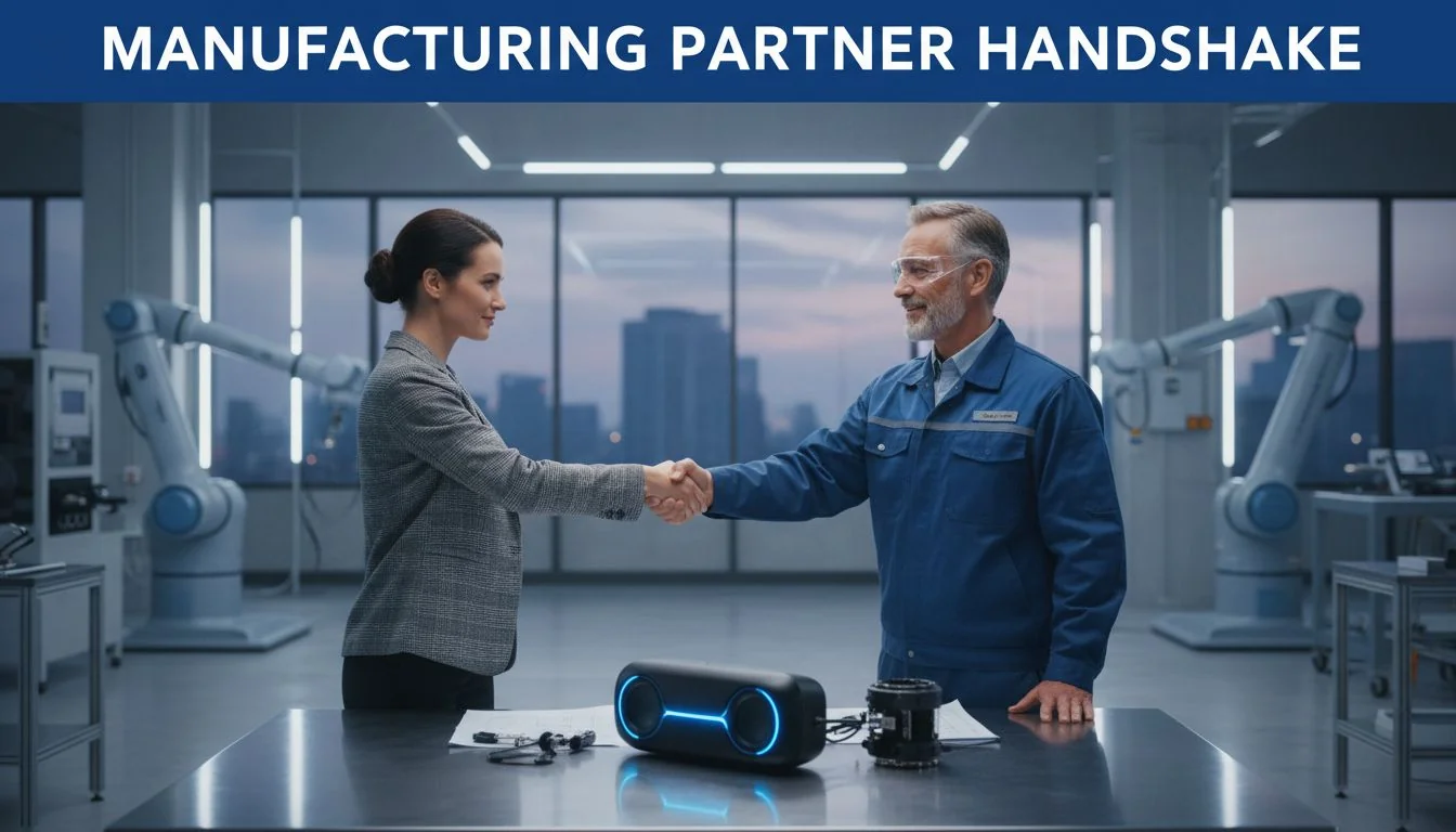 A handshake between a D2C brand owner and a factory engineer, with a product prototype on the table.