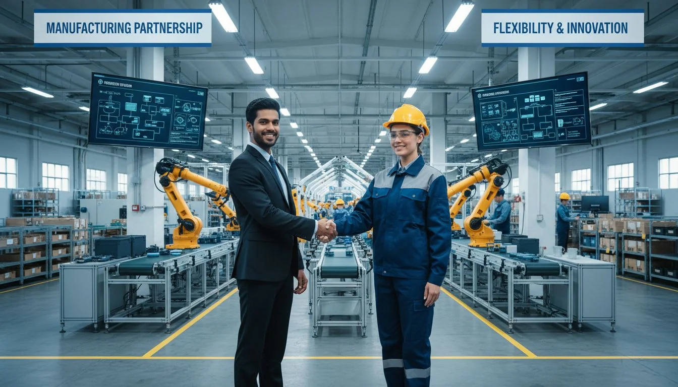 A handshake between a client and a factory manager in front of a production line