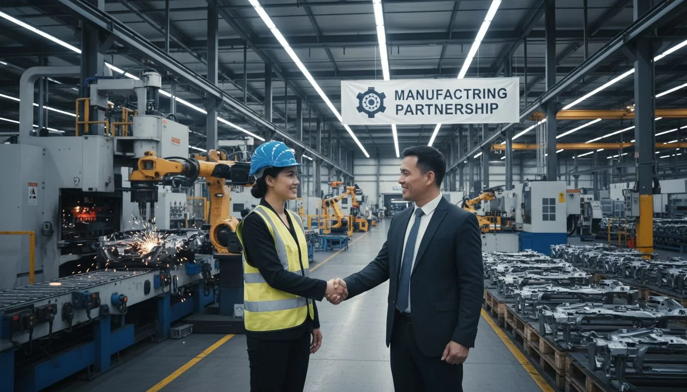 Two people shaking hands in a factory setting, with machinery in the background.