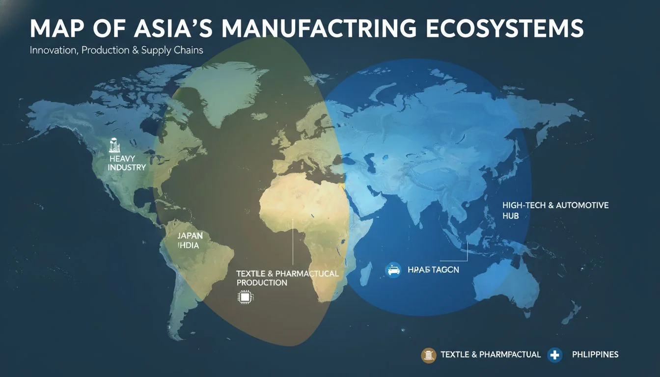 A world map with Asia highlighted and divided into three distinct colored zones