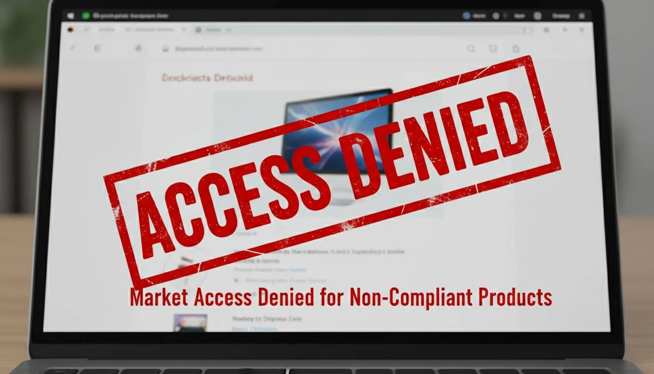 An image of a red 'ACCESS DENIED' stamp over a product listing on a laptop screen.