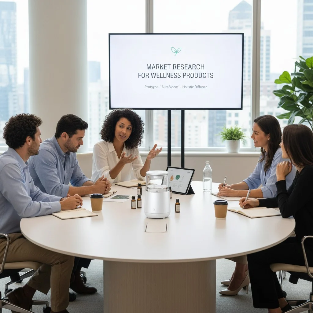 A group of people in a focus group discussing a wellness product prototype
