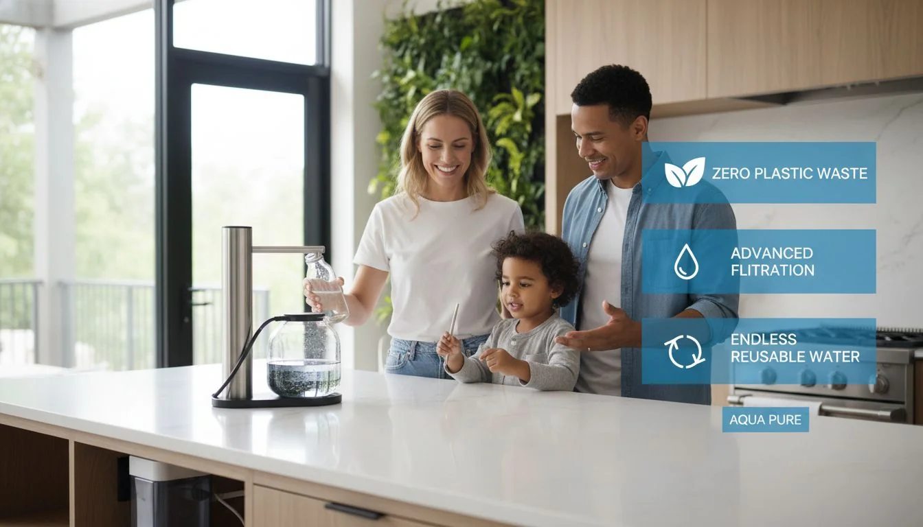 A lifestyle photo showing a zero-plastic water system in a modern kitchen, with a small infographic overlay highlighting its key features.