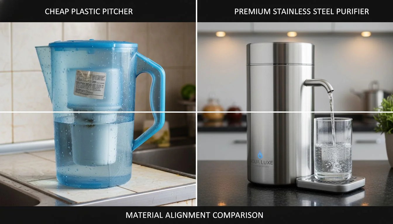 comparison image of a cheap plastic pitcher vs a premium stainless steel purifier
