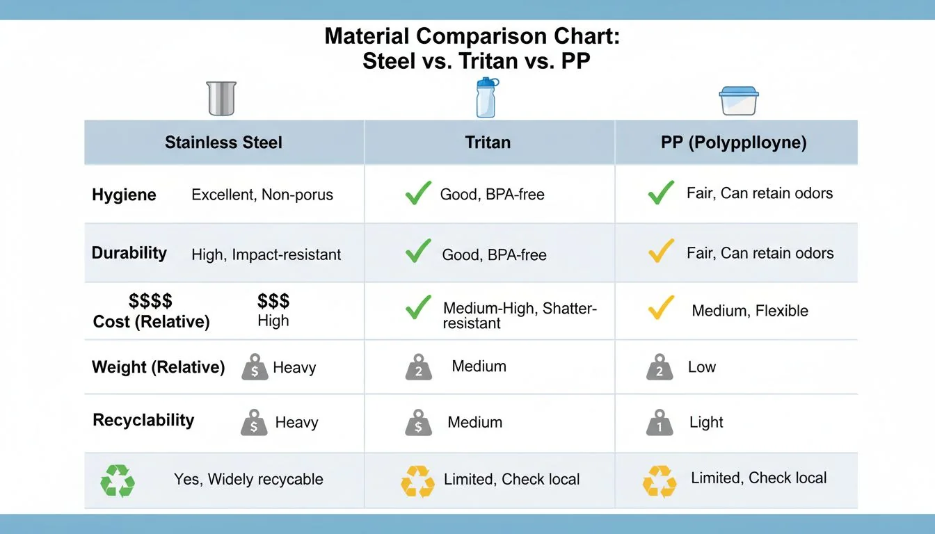 Material Comparison Chart: Steel vs. Tritan vs. PP A graphic chart comparing Stainless Steel, Tritan, and PP across several key metrics like hygiene, durability, and cost