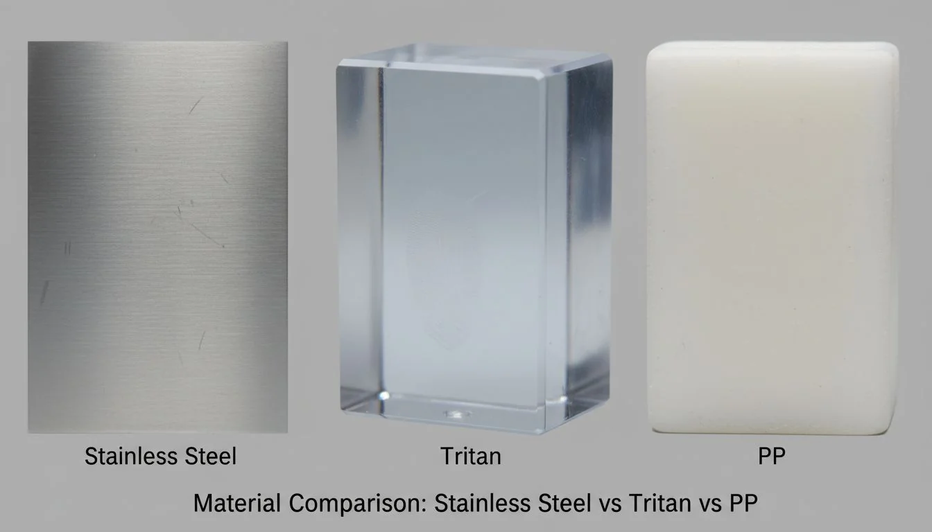 Material Comparison: Stainless Steel vs Tritan vs PP A close-up shot showing the textures of stainless steel, clear Tritan plastic, and opaque PP plastic side-by-side
