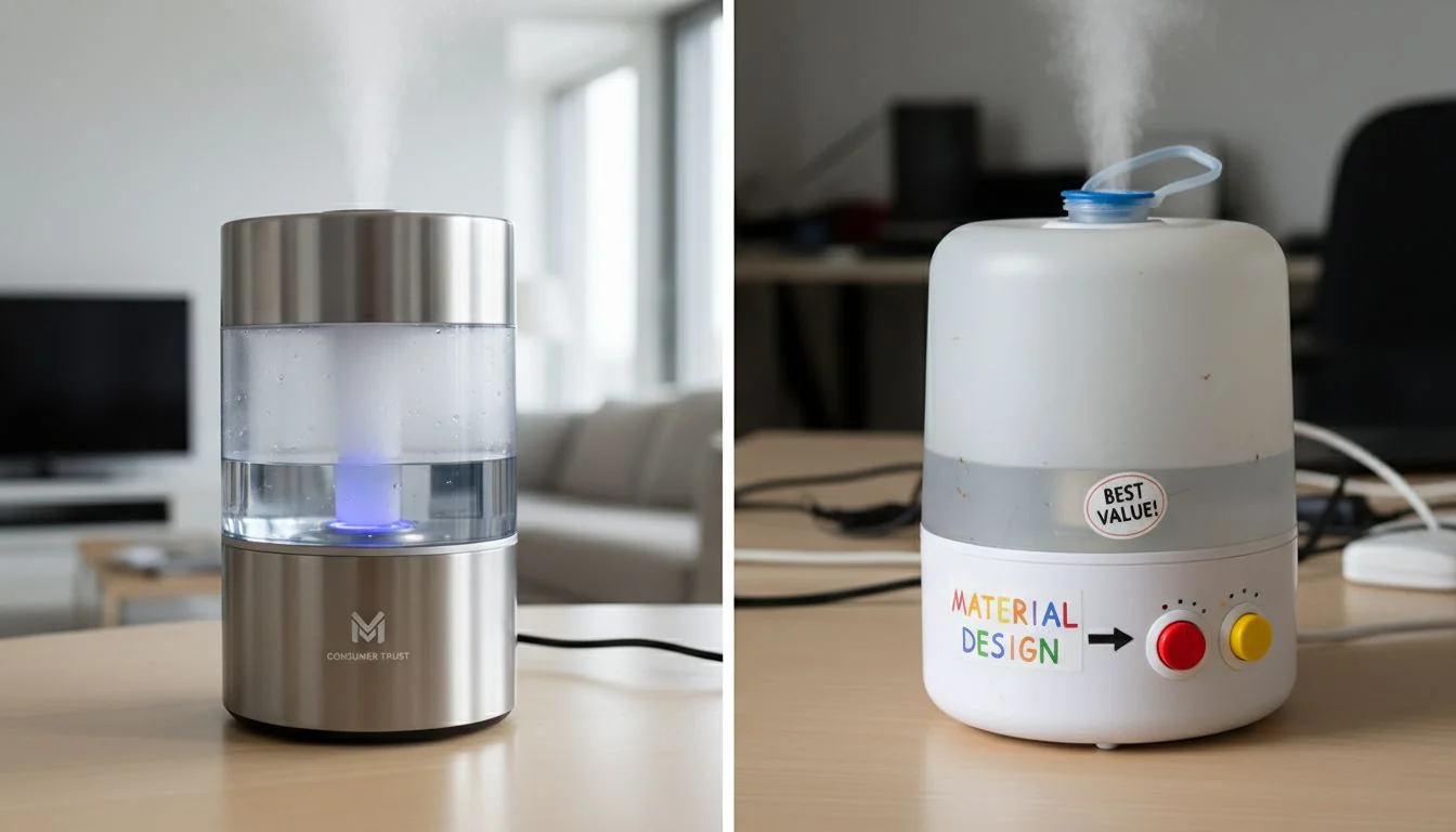 Material Design and Consumer Trust A sleek stainless steel humidifier next to a cheap-looking plastic one on a modern wooden table.