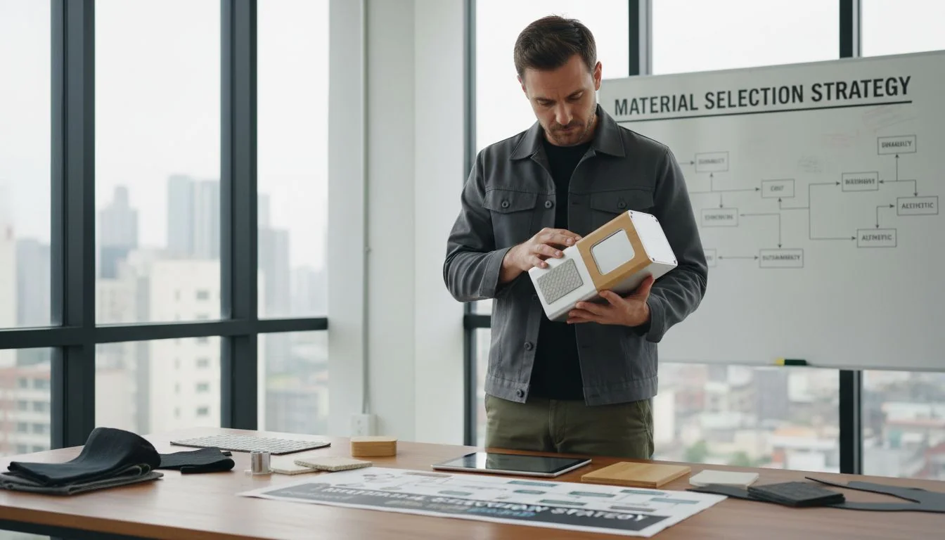 Designer holding a prototype looking thoughtful