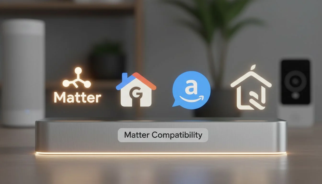 Matter Compatibility icons of Matter, Google Home, Alexa, and Apple HomeKit