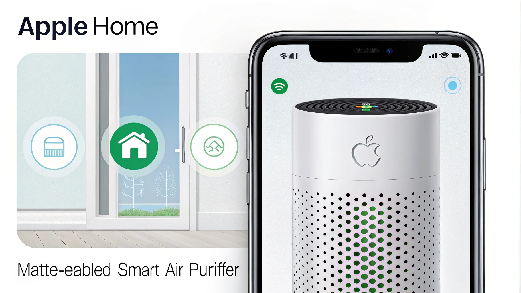 A smartphone screen showing an air purifier seamlessly integrated into the Apple Home app alongside lights and thermostats.