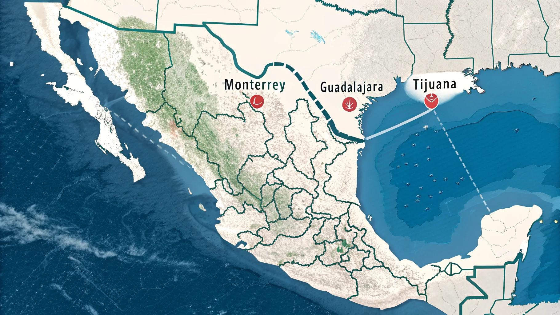 A map of Mexico highlighting major industrial cities like Monterrey, Guadalajara, and Tijuana.
