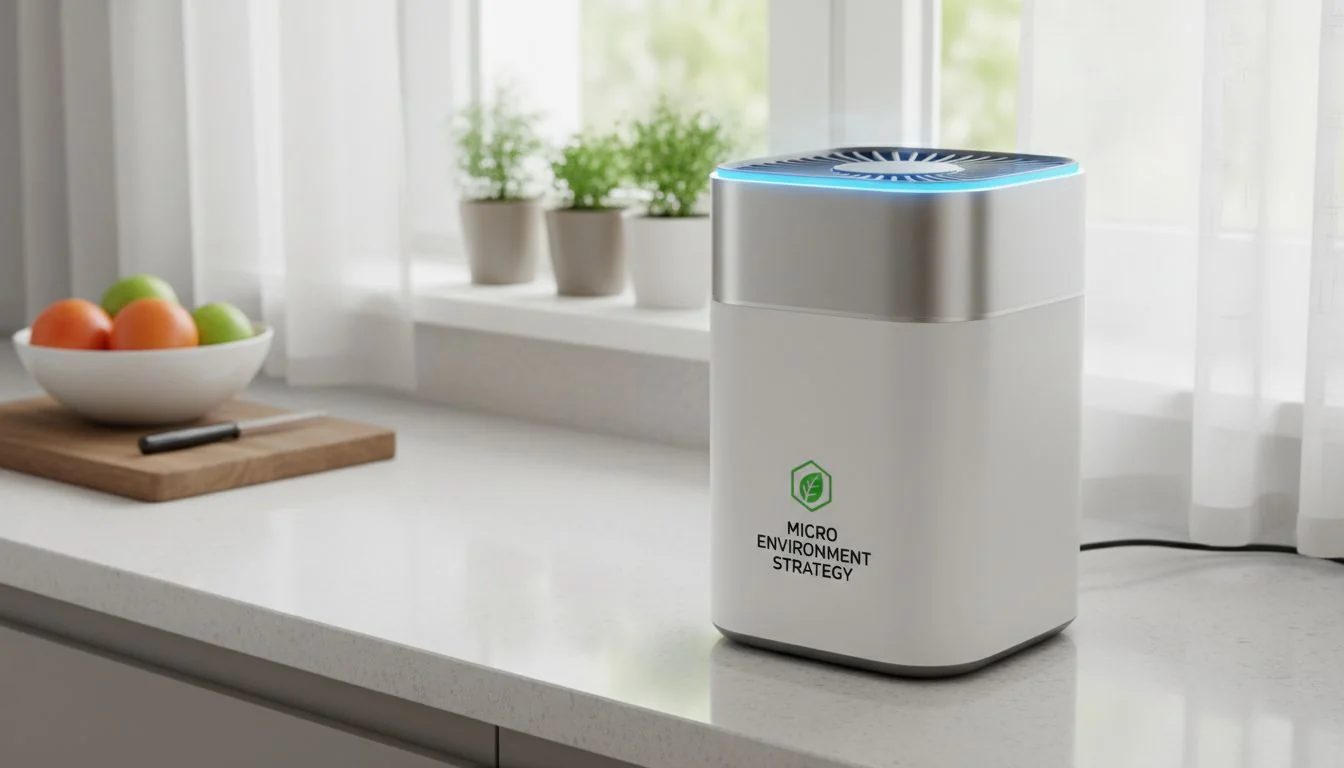 Micro Environment Strategy compact air purifier on a kitchen counter