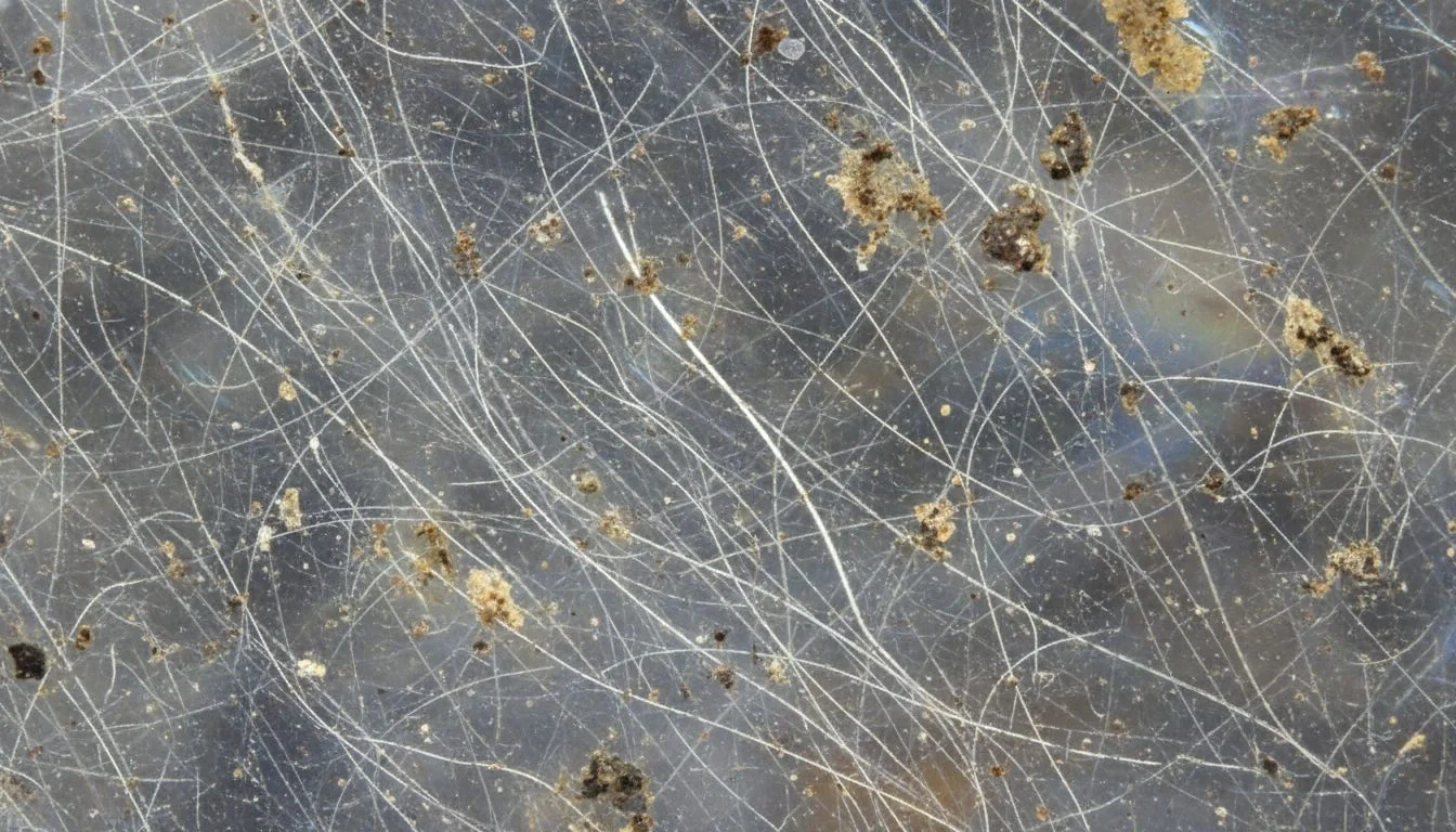Micro-scratches on Plastic Surface A magnified image showing micro-scratches and grime on a plastic surface.