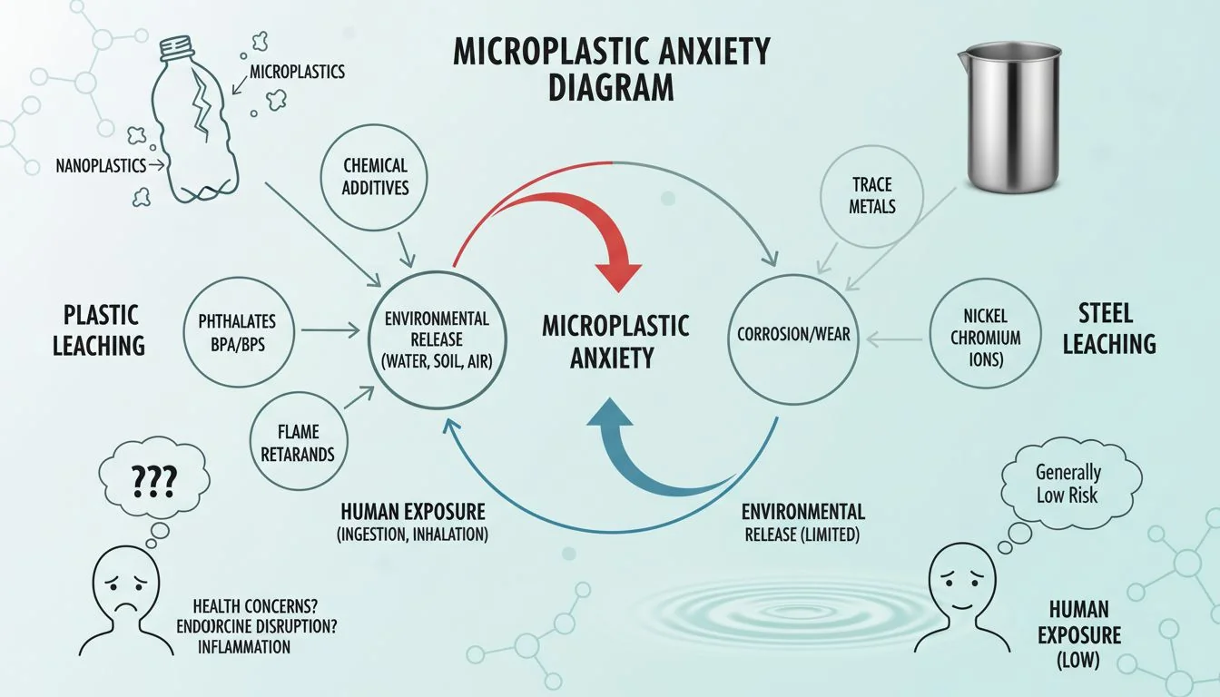 Microplastic Anxiety Diagram diagram showing chemical leaching in plastic vs steel