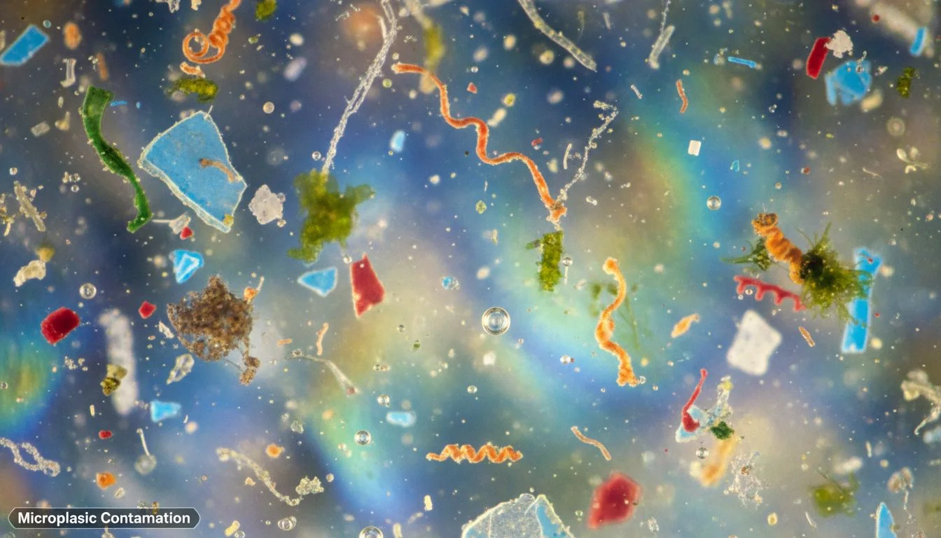microscopic view of microplastics in water