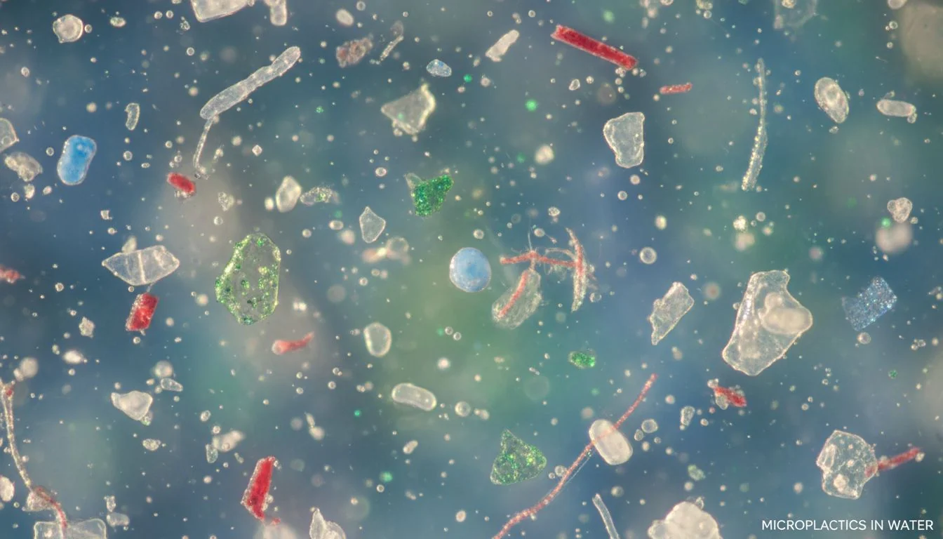 Microplastics in Water Magnified view of microplastic particles floating in water