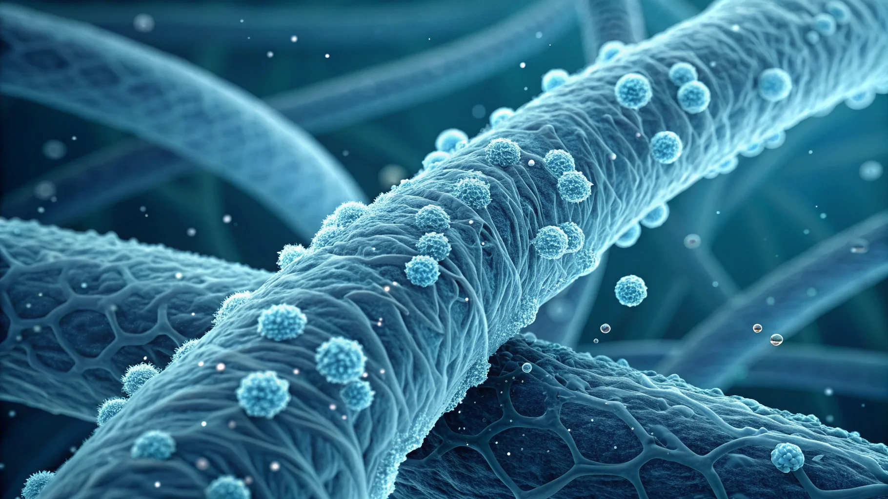 A close-up, microscopic view of the intricate fibers that make up a water filter's media.