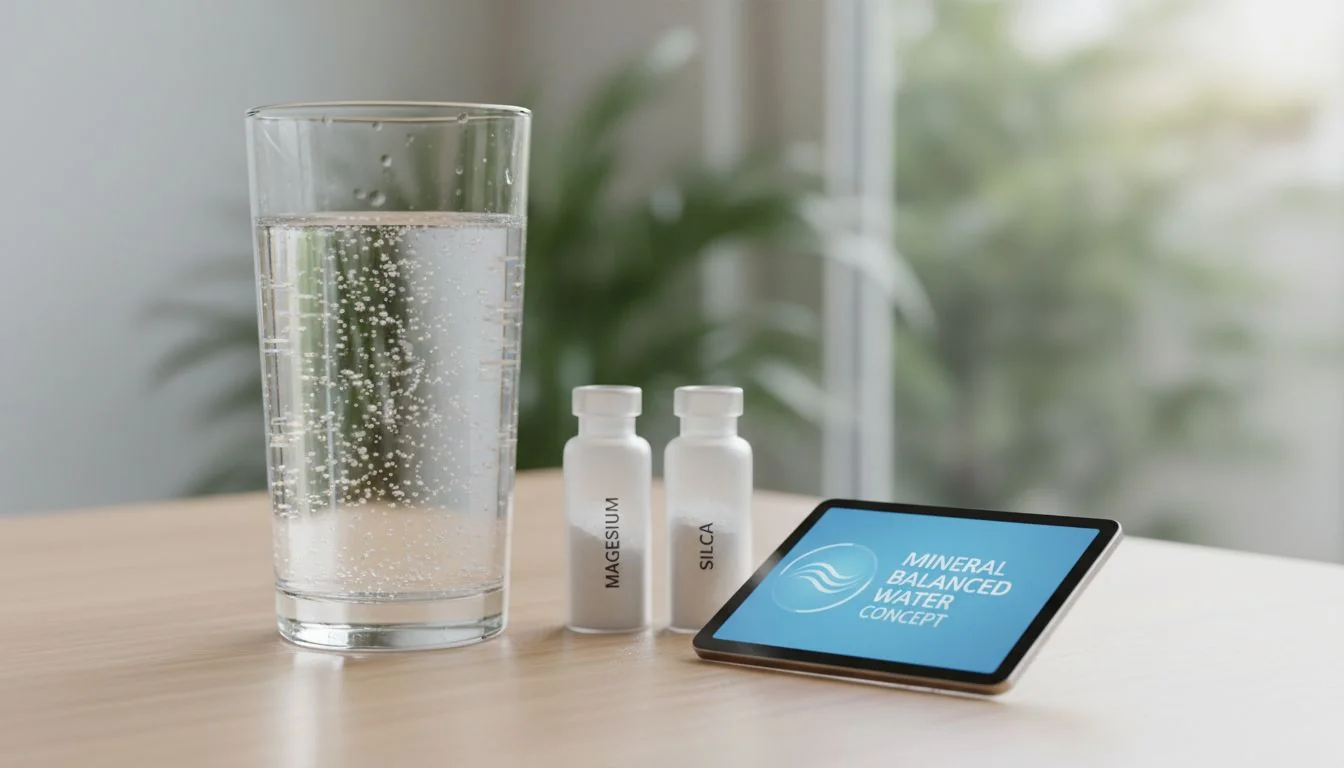 Mineral Balanced Water Concept glass of mineral water with magnesium and silica supplements on a table