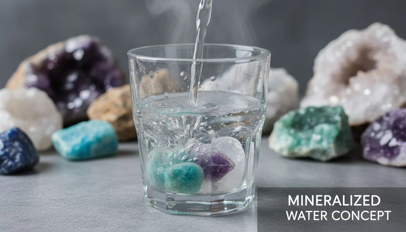 Mineralized Water Concept water being poured into a glass with mineral stones in background