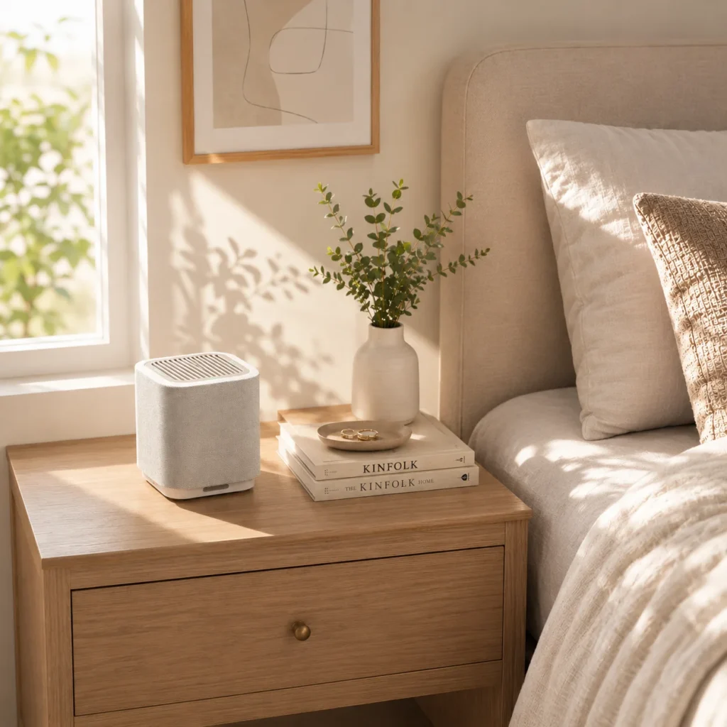 A wooden nightstand with a small white speaker, vase with greenery, books, and a beige bed in a modern minimalist bedroom setting.