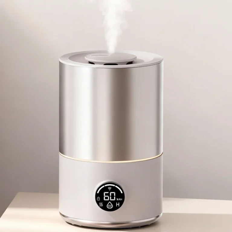Sleek air humidifier emitting steam with digital control panel displaying humidity level, placed on a light surface.