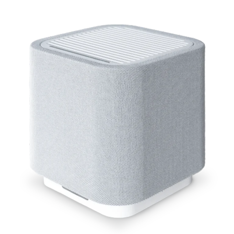 Modern air purifier with a sleek, minimalist design featuring a white fabric-covered exterior and vents on the top.