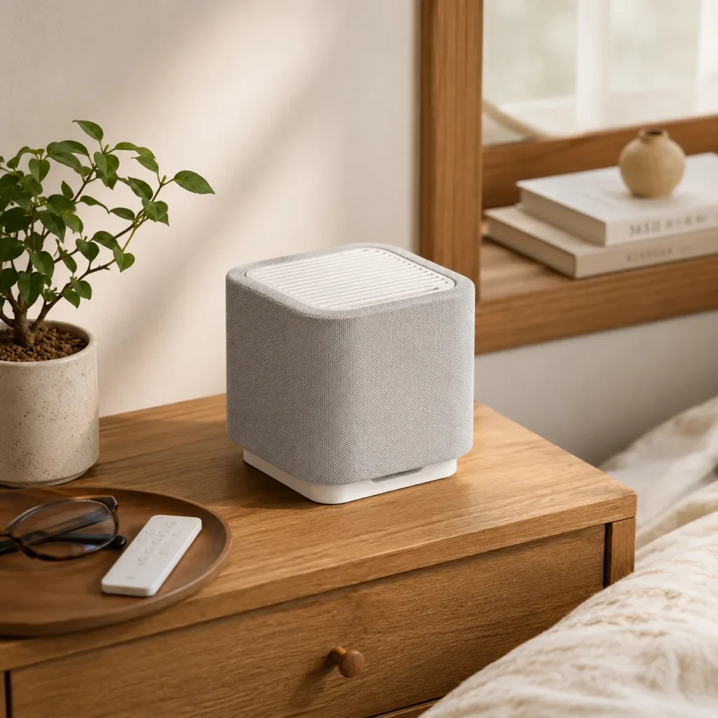 Compact air purifier with fabric cover on a wooden bedside table near books, glasses, and a remote in a minimal bedroom setting.