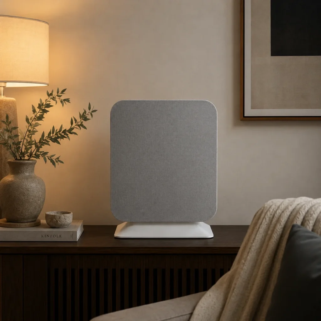 A modern air purifier with a fabric front cover placed on a wooden console alongside a lamp, vase, and book in a cozy home interior.