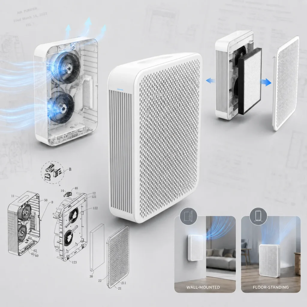 A modern white air purifier with a sleek design, showing airflow, internal components, filter replacement process, and mounting options like wall-mounted and floor-standing setup.